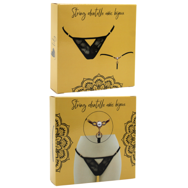 String noir avec bijou perle & strass dorés 